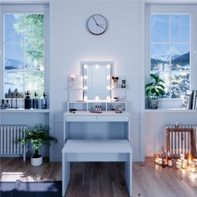 Afbeelding van Vicco Make uptafel set met kruk Ania, Wit, 80 cm LED verlichting en bankje
