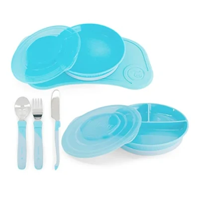 Afbeelding van Twistshake Babyserviesset, 6 delig, 1 x babyplacemat van siliconen, kinderbord, deelbord, 3 leerbestek roestvrij staal, maanden, blauw