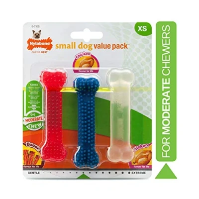 Afbeelding van Nylabone Moderate Triopack Voordeelpak Kauwbotten met Kip en Baconsmaak Voor Kleine Honden tot 7 kg XS