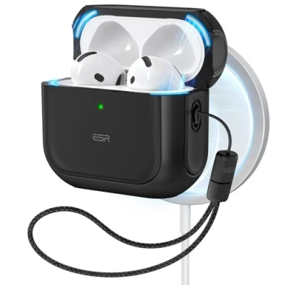 Afbeelding van ESR AirPods 4 hoes, compatibel met 4e generatie (2024) (USB C), MagSafe, valbeschermhoes koord, magnetische dekselvergrendeling, hoes