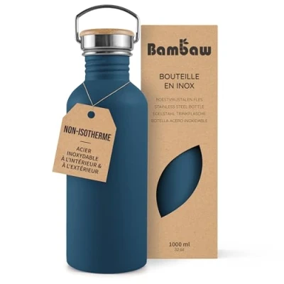 Afbeelding van Bambaw® Waterfles 1 liter Enkelwandige drinkfles RVS Niet Geïsoleerd Lekvrij, en Plasticvrij met Bamboe Dop Waterflessen Volwassenen Perfect voor Reizen, Werk, Yoga, Wandelen Dagelijks Gebruik Water Fles blauw