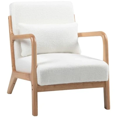 Afbeelding van HOMCOM Woonkamerstoel met frame van massief hout, loungestoel, diepe zitting, armleuningen, crèmekleurige fluwelen look