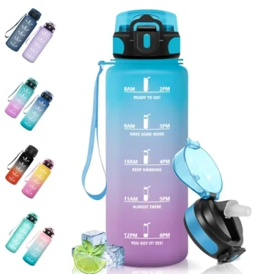 Afbeelding van Motswedi Sportfles, 1,5 l, lekvrij, rietje, BPA vrij, drinkfles met herbruikbaar, drinkfles, gemakkelijk te dragen, waterfles voor yoga, fietsen, fitness, camping, blauw/paars
