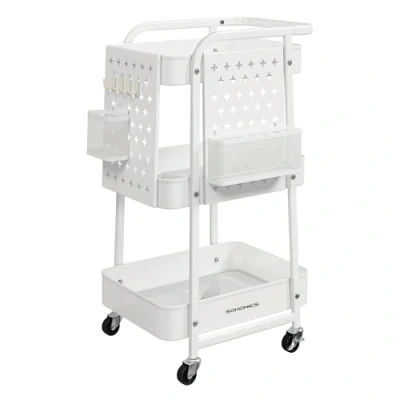 Afbeelding van SONGMICS LRC037W01 Opbergwagen, 3 metalen netplaten, 2 afneembare geperforeerde panelen, ophanghouders, 4 haken, voor kantoor, keuken, woonkamer, badkamer, wolkenwit