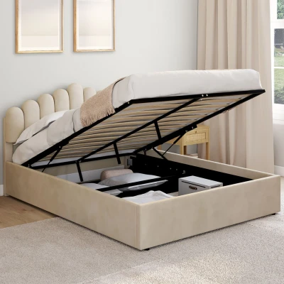 Image de lit coffre double NOELIE avec tête de et sommier 140 x 190 cm velours beige IDMarket