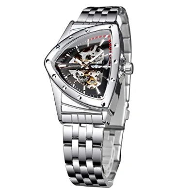 Afbeelding van Forsining Skelet herenhorloge, automatisch mechanisch horloge met lichtgevende driehoekige wijzerplaat, handmatig opwindend, roestvrijstalen of zachte siliconen armband, Zilver T, Retro