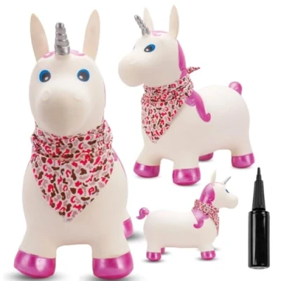Afbeelding van Opblaasbaar springdier, speelgoed voor kinderen van 1 jaar binnen en buiten, ergonomisch design, inclusief handpomp (witte eenhoorn met glitterhoorn)
