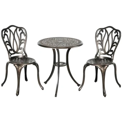 Afbeelding van Outsunny Tuinmeubelset, 2 zits, stoelen + ronde tafel, retrostijl, van gegoten aluminium, brons