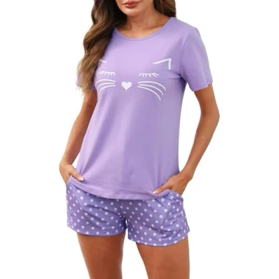 Afbeelding van Reliwel Korte zomerpyjama voor dames, tweedelige pyjamaset zomer, katoen, met schattige kat, pyjamashorts alle seizoenen, Paars