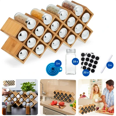 Afbeelding van Cheqo® Bamboe Kruidenrek Kruidenpotjes Rek Aanrecht Organizer Kruidenrekje 18 Glazen Potjes Keukenorganizer met Labels en Stift Inclusief EBOOK