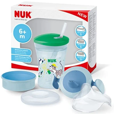 Afbeelding van Nuk 3 in 1 Leren Set met Leerbeker (6 maanden), Magische Beker 360 (8 + M) en Actie voor Kinderen (12 M), 230 ml, BPA vrij, Jongens 10255636