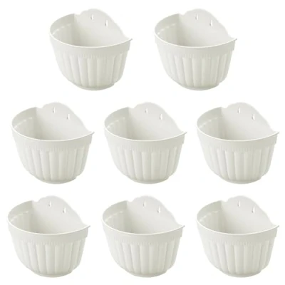 Afbeelding van Set van 8 verticale bloempotten hars om aan de muur te hangen voor tuin, woonkamer, binnen, buiten, keuken, kruiden, balkon, balustrade, plank, schutting, slaapkamer, latwerk Wit