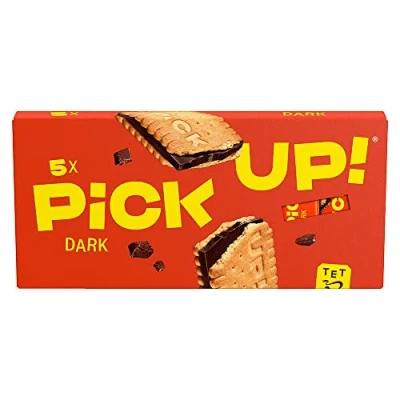 Afbeelding van Pick Up! 5 stuks koekjesrepen met zwarte chocoladereep tussen twee knapperige koekjes. De snack voor onderweg x 28 g