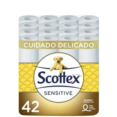 Image de Scottex Lot de 7 paquets 6 rouleaux papier toilette Sensitive avec 3 épaisseurs, soin délicat grâce à la touche lait d&#039;amande