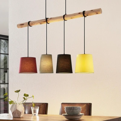 Afbeelding van Lindby Hanglamp 4lichts Textiel, hout E27 rood, grijs, zwart, geel, licht