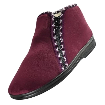 Afbeelding van APREGGIO Pantoffels voor dames, warm, comfortabel, met ritssluiting, wolvilt en wollen vulling, binnen buiten, winterpantoffels, Bordeaux
