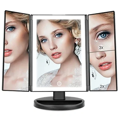 Afbeelding van Make up Spiegel, WEILY Tri fold Spiegel met 2x/3x Vergroting, 36 LED verlichting Tafelblad Cosmetische Spiegel(Zwart)