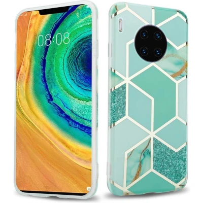 Afbeelding van Cadorabo Hoesje geschikt voor Huawei MATE 30 PRO in Groen Lichtgroen Goud Marmer No. 3 Beschermhoes gemaakt van TPU siliconen Case Cover met mozaïek motief
