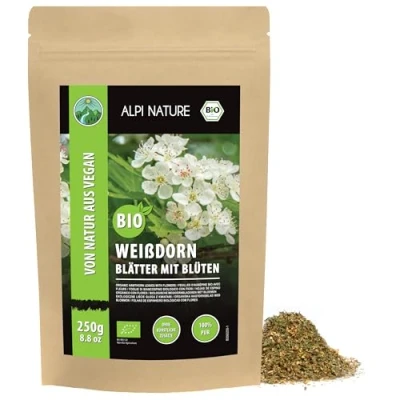 Afbeelding van biologische meidoornthee, meidoornbladeren met bloemen, wilde meidoorn, 100% zacht gedroogd, natuurlijke heggendoorn (250 g)