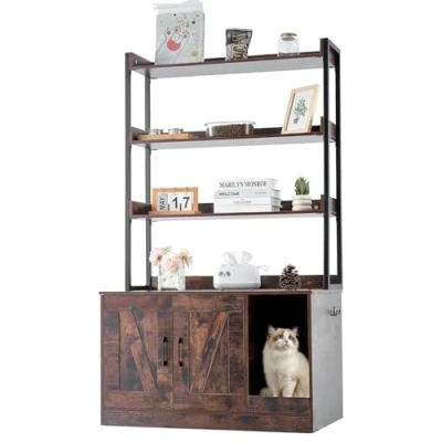 Image de VEVOR Meuble Cache Bac à Litière pour Chat en Bois avec 3 Étagères de Rangement