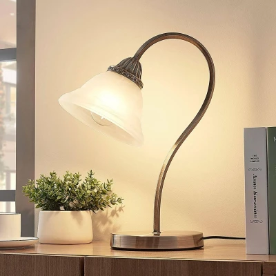Afbeelding van Lindby LED tafellamp 1licht Glas, metaal H: 42 cm E27 wit albast, antiek messing
