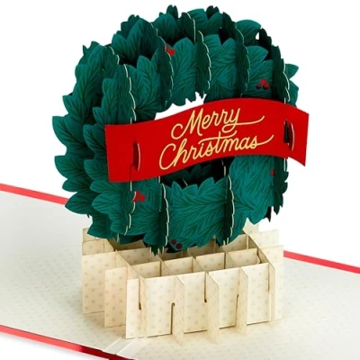 Afbeelding van Hallmark Kerstkaart 3D feestelijke kroon pop up kaart kerstgroeten groen rood