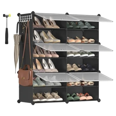 Afbeelding van Schoenenrek met 6 vakken, Schoenenkast, 30 x 40 cm per vak, smal, deuren, stalen frame, kunststof, voor gang, slaapkamer, entree, zwart LPC033B01