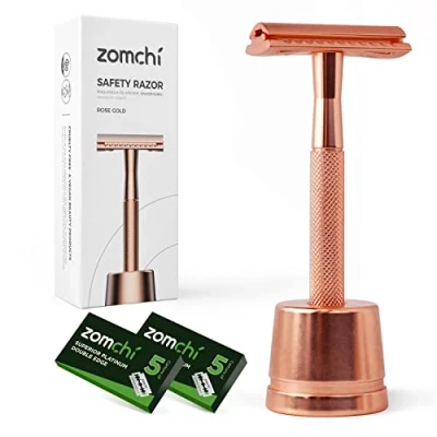 Afbeelding van ZOMCHI Veiligheidsscheerapparaat voor dames, scheermes met één lemmet heren 10 mesjes, gestructureerde handgreep, past op alle tweesnijdende scheermesjes roségoud houder
