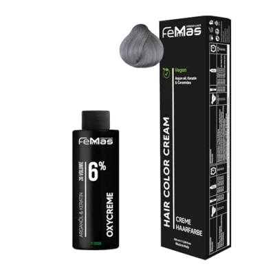 Afbeelding van Femmas Gray I Hair Color Cream permanente haarkleurset 100 ml + zuurstofcrème 6% haarkleur ontwikkelaar zacht en duurzaam haarverf voor salon