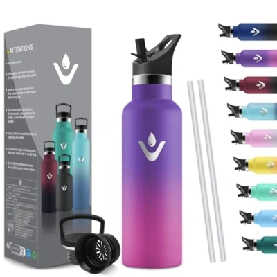 Image de HoneyHolly Bouteille Isotherme 500ml, Gourde INOX avec Paille, d&#039;eau sans BPA, Réutilisable, Anti Fuite, Isolation sous Vide en Acier Inoxydable à Double Paroi, pour Enfants, Adultes, Sport