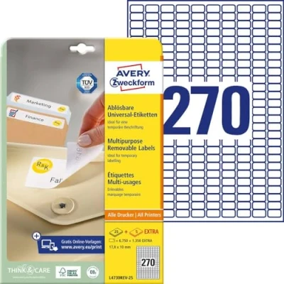 Afbeelding van Avery L4730REV 25 afneembare etiketten ft 17,8 x 10 mm (b h), 6.750 etiketten, wit etiket