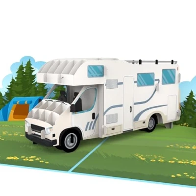 Afbeelding van MOKIO® Pop up kaart camping met camper 3D cadeaukaart voor verjaardag of als reisbon een kampeervakantie