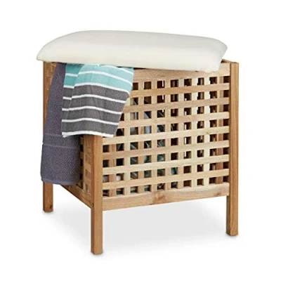 Afbeelding van Relaxdays badkamerkruk met wasmand en kussen hocker opbergruimte 52 L
