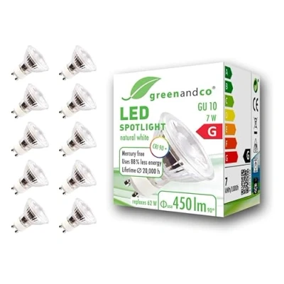 Afbeelding van 10 x greenandco® CRI 90+ 4000K 36 LED spot GU10 7 W komt overeen met 62 W, 450 lm, neutraal wit, SMD 230 V AC, glas, geen flikkeren, niet dimbaar