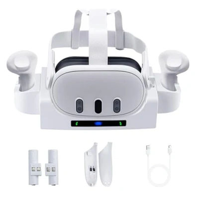 Afbeelding van Mcbazel VR Charging Station for Quest 3, Headset Controller Wall Mount Dock Indicator with Rechargeable Battery Type C Cable 3 White