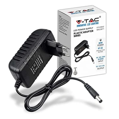 Afbeelding van V TAC Voeding 12 30 W 2,5 A voor camera&#039;s, ledstrips, modem, transformatoradapter met stopcontact schermen en elektronische apparaten, AC 100 240 V, 50/60 Hz, zwart