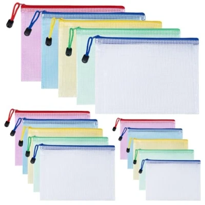 Afbeelding van Carehabi 15 stuks kleurrijke documentenmap, A3 + A4 A5, waterdicht, mesh met ritssluiting, mesh, kunststof, voor documenten, cosmetica (3 maten)