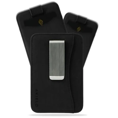 Afbeelding van AKIELO RFID blokkerende kaarthouder met geschenkdoos, compacte en dunne kaarthouder, minimalistische herenportemonnee (Charlie collectie), Zwarte editie geldclip, Minimalistisch