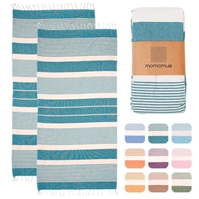 Afbeelding van MOMOMUS Set van 2 XL Foutas 100% katoen, ultrazacht, absorberend, pareo, grote strandhanddoek voor strand, sauna en zwembad, groen, 90 x 180 cm