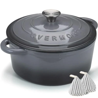 Image de Overmont Cocotte en fonte émaillée Casserole de 4,5 l avec couvercle et maniques coton Batterie cuisine robuste pour braiser, ragoûts, rôtir, pain gris