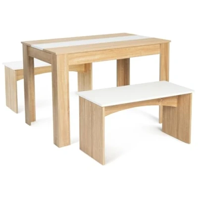 Afbeelding van Ensemble table à manger et 2 bancs ROZY 4 personnes hêtre blanc 110 cm