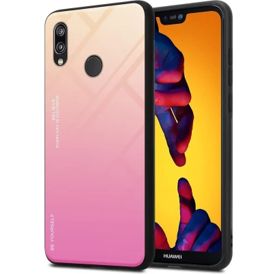 Afbeelding van Cadorabo Hoesje geschikt voor Huawei P20 LITE 2018 / NOVA 3E in GEEL ROZE Tweekleurige beschermhoes van TPU silicone Case Cover en achterzijde gehard glas