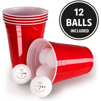 Afbeelding van VIVALOO Bierspel Drankspel Set van 100 Plastic Bekers en 12 Beer Pong Ballen Feest Wegwerpbekers Rood 455 ml
