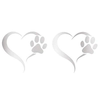 Afbeelding van Finest Folia Set van 2 stickers met poten en hart 10 x 11 cm Hondenpootmotief kat Voor auto, motorfiets, muur, laptop, meubels motief hondenpoot (K017 zilver)