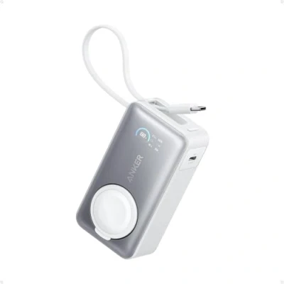 Afbeelding van Anker MagGo externe batterij voor Apple Watch, officieel gecertificeerd, compacte 10.000 mAh met geïntegreerde USB C kabel, maximaal 35 W, iPhone 16, 15, iPad, AirPods en meer