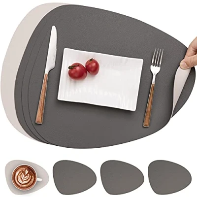 Afbeelding van Myir JUN placemat van leer en onderzetters, placemat, antislip, dubbelzijdig, wasbaar, onderzetter, kunststof (4 stuks, grijs/wit)