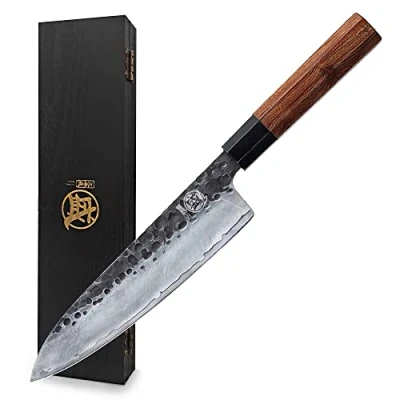 Afbeelding van MITSUMOTO SAKARI Japans mes van 22 cm, handgesmeed Gyutu keukenmes, keukenmes koolstofstaal (rozenhouten handvat en geschenkdoos)