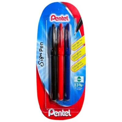 Afbeelding van Pentel Sign Penset van 3 viltstiften, fijne acrylpunt, zwart/blauw/rood