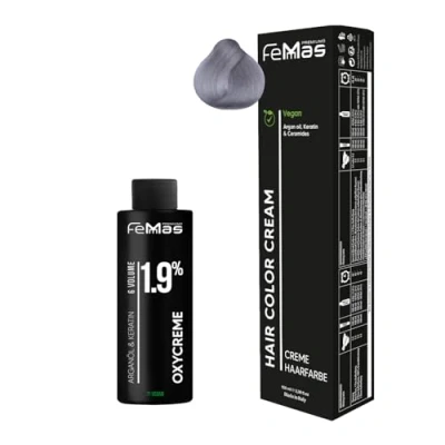 Afbeelding van Femmas Zilverkleurige haarkleurset I Hair Color Cream 100 ml + oxycreme 1,9% permanente haarkleur ontwikkelaar zacht en duurzaam salon haarverf voor thuis
