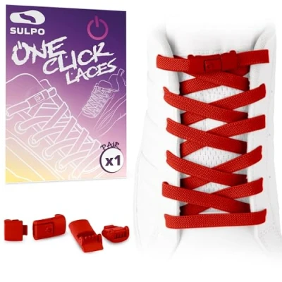 Afbeelding van SULPO Platte Veters zonder knopen One Click Kleurrijke met snelsluiting Elastische van rubber voor kinderen en volwassenen, Rood